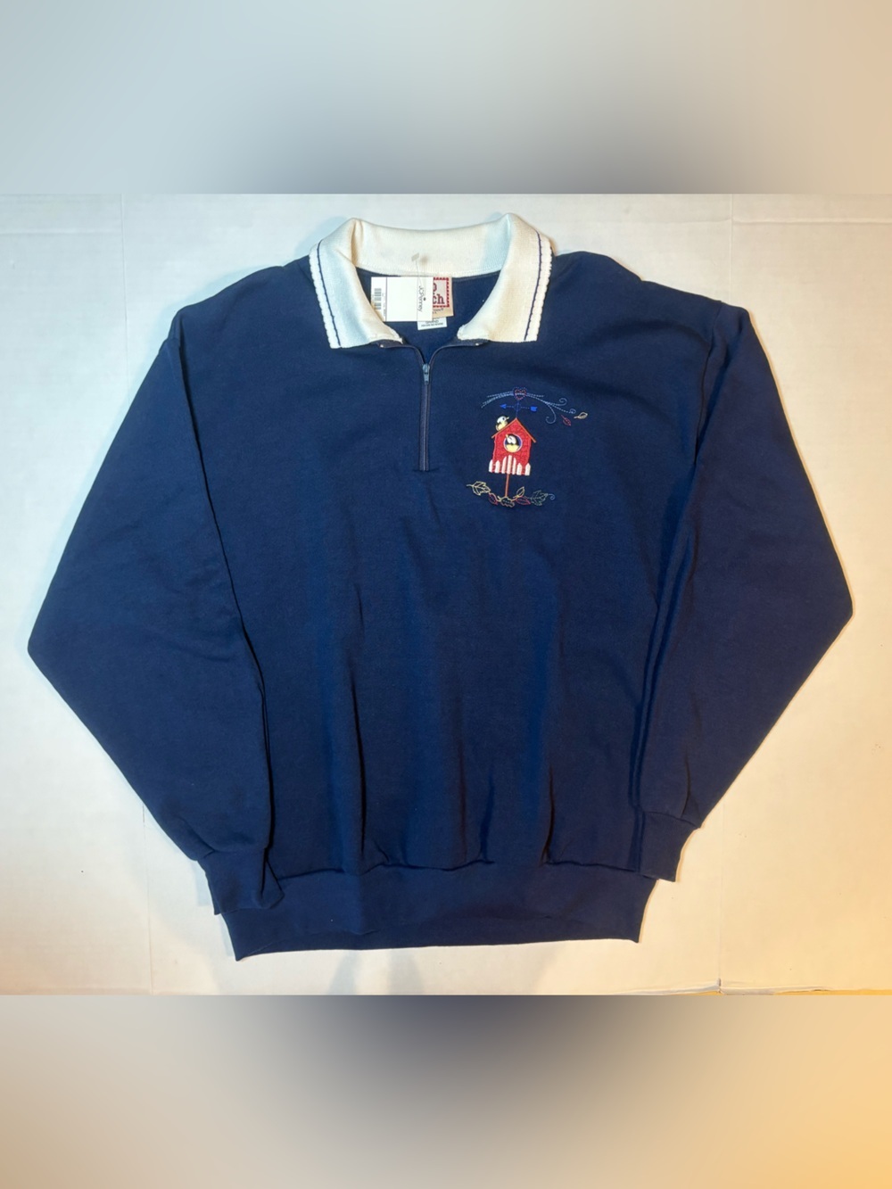 Top Stitch VTG Navy Blue Sweatshirt Embroidery Birdhouse Cottagecore Size L NWT